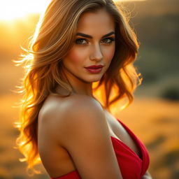 Attractive woman with glowing skin, wearing a stunning red dress, posed confidently under golden sunset lighting