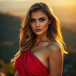 Attractive woman with glowing skin, wearing a stunning red dress, posed confidently under golden sunset lighting