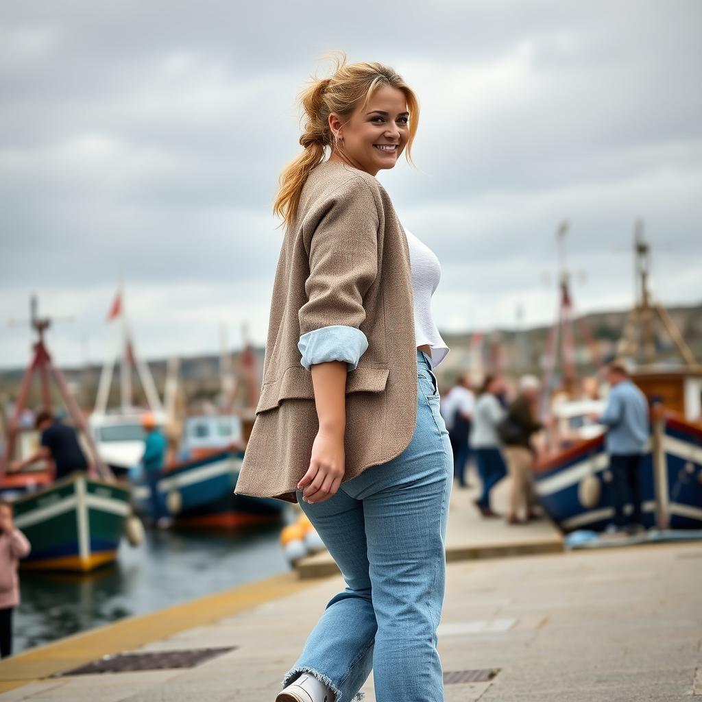 A curvy and chubby blonde 40-year-old lady with a ponytail, dressed in a stylish roll sleeve white crop top, paired with a mink textured wool look oversized blazer and vintage wash frayed waistband wide leg jeans