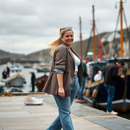 A curvy and chubby blonde 40-year-old lady with a ponytail, dressed in a stylish roll sleeve white crop top, paired with a mink textured wool look oversized blazer and vintage wash frayed waistband wide leg jeans