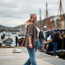 A curvy and chubby blonde 40-year-old lady with a ponytail, dressed in a stylish roll sleeve white crop top, paired with a mink textured wool look oversized blazer and vintage wash frayed waistband wide leg jeans