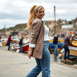 A curvy and chubby blonde 40-year-old lady with a ponytail, dressed in a stylish roll sleeve white crop top, paired with a mink textured wool look oversized blazer and vintage wash frayed waistband wide leg jeans