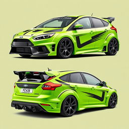 A customized AWD 2-door car inspired by the 2009 Ford MK2 Focus RS, presented from angled front, side, and rear views