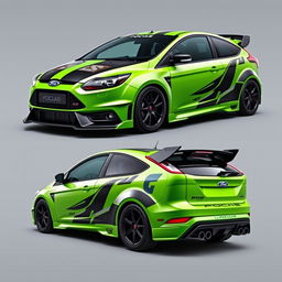 A customized AWD 2-door car inspired by the 2009 Ford MK2 Focus RS, presented from angled front, side, and rear views