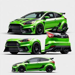 A customized AWD 2-door car inspired by the 2009 Ford MK2 Focus RS, presented from angled front, side, and rear views