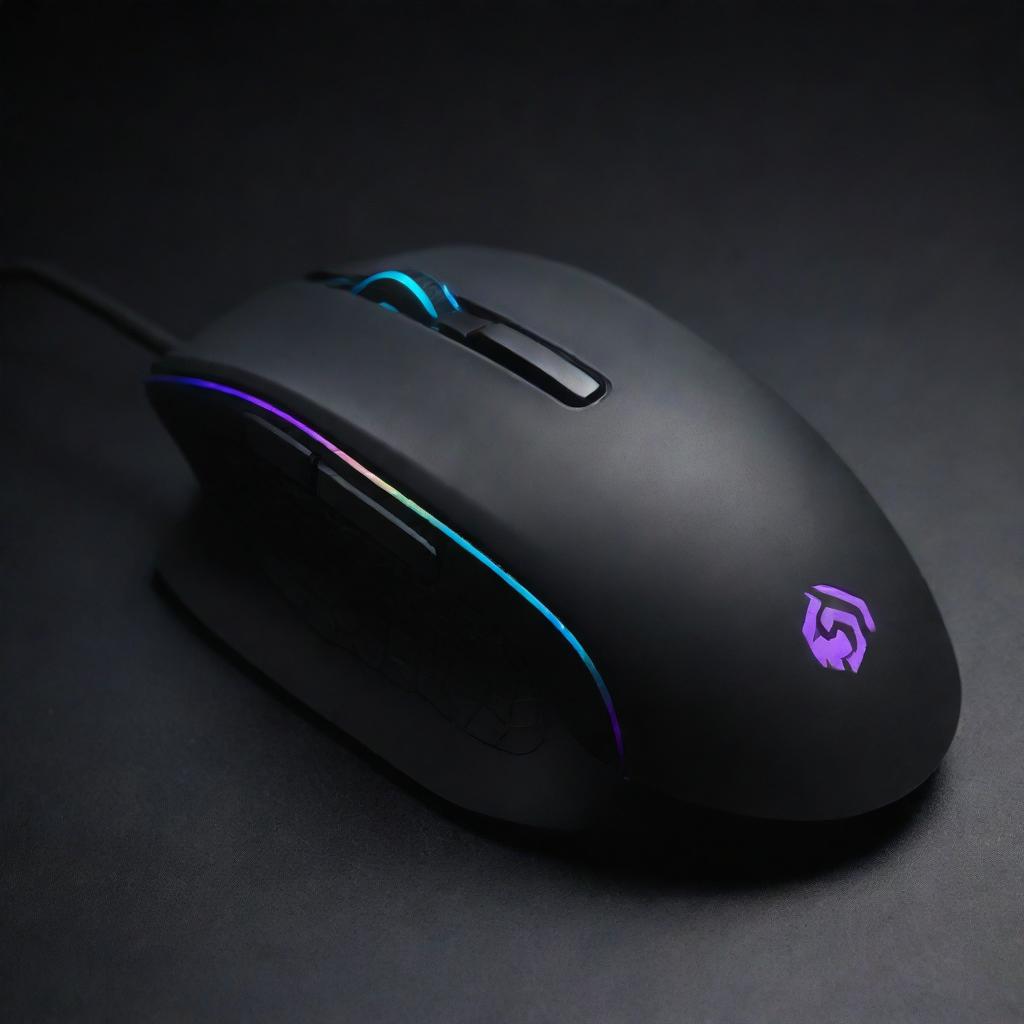 An ergonomic gaming mouse showcasing a futuristic design with RGB lighting and multiple programmable buttons. The setting is a dark mat with a glowing logo.