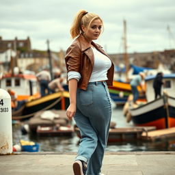 A curvy and chubby blonde 40-year-old lady with a ponytail, dressed in a stylish roll sleeve white crop top, paired with a brown faux leather distressed cropped biker jacket and vintage wash frayed waistband wide leg jeans