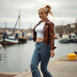 A curvy and chubby blonde 40-year-old lady with a ponytail, dressed in a stylish roll sleeve white crop top, paired with a brown faux leather distressed cropped biker jacket and vintage wash frayed waistband wide leg jeans