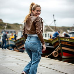 A curvy and chubby blonde 40-year-old lady with a ponytail, dressed in a white crop top, paired with a brown faux leather distressed cropped biker jacket and mid blue wash cargo pocket detail wide leg jeans