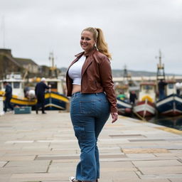 A curvy and chubby blonde 40-year-old lady with a ponytail, dressed in a white crop top, paired with a brown faux leather distressed cropped biker jacket and mid blue wash cargo pocket detail wide leg jeans