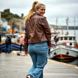 A curvy and chubby blonde 40-year-old lady with a ponytail, dressed in a white crop top, paired with a brown faux leather distressed cropped biker jacket and mid blue wash cargo pocket detail wide leg jeans