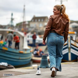 A curvy and chubby blonde 40-year-old lady with a ponytail, dressed in a white crop top, paired with a brown faux leather distressed cropped biker jacket and mid blue wash cargo pocket detail wide leg jeans