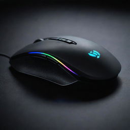 An ergonomic gaming mouse showcasing a futuristic design with RGB lighting and multiple programmable buttons. The setting is a dark mat with a glowing logo.