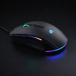 An ergonomic gaming mouse showcasing a futuristic design with RGB lighting and multiple programmable buttons. The setting is a dark mat with a glowing logo.