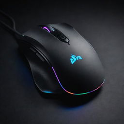 An ergonomic gaming mouse showcasing a futuristic design with RGB lighting and multiple programmable buttons. The setting is a dark mat with a glowing logo.