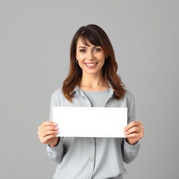 average-looking woman with an approachable expression holding a blank white sign in both hands