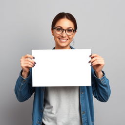 average-looking woman with an approachable expression holding a blank white sign in both hands