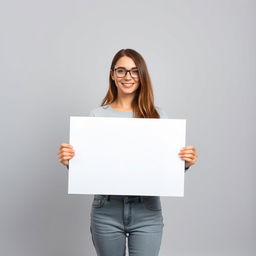 average-looking woman with an approachable expression holding a blank white sign in both hands