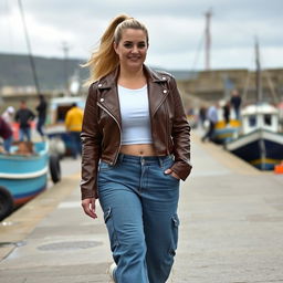 A curvy and chubby blonde 40-year-old lady with a ponytail, dressed in a white crop top, complemented by a brown faux leather distressed cropped biker jacket and mid blue wash cargo pocket detail wide leg jeans