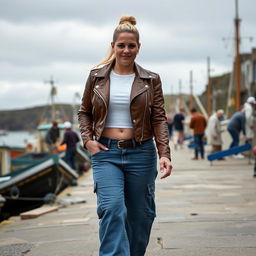 A curvy and chubby blonde 40-year-old lady with a ponytail, dressed in a white crop top, complemented by a brown faux leather distressed cropped biker jacket and mid blue wash cargo pocket detail wide leg jeans