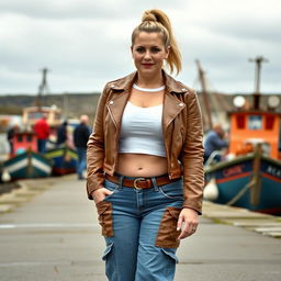 A curvy and chubby blonde 40-year-old lady with a ponytail, dressed in a white crop top, complemented by a brown faux leather distressed cropped biker jacket and mid blue wash cargo pocket detail wide leg jeans