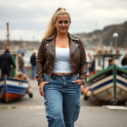 A curvy and chubby blonde 40-year-old lady with a ponytail, dressed in a white crop top, complemented by a brown faux leather distressed cropped biker jacket and mid blue wash cargo pocket detail wide leg jeans