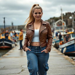 A curvy and chubby blonde 40-year-old lady with a ponytail, dressed in a white crop top, complemented by a brown faux leather distressed cropped biker jacket and mid blue wash cargo pocket detail wide leg jeans