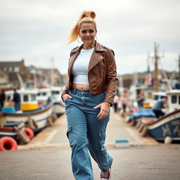 A curvy and chubby blonde 40-year-old lady with a ponytail, wearing a white crop top, brown faux leather distressed cropped biker jacket, and mid blue wash cargo pocket detail wide leg jeans