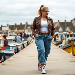 A curvy and chubby blonde 40-year-old lady with a ponytail, wearing a white crop top, brown faux leather distressed cropped biker jacket, and mid blue wash cargo pocket detail wide leg jeans