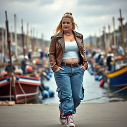 A curvy and chubby blonde 40-year-old lady with a ponytail, wearing a white crop top, brown faux leather distressed cropped biker jacket, and mid blue wash cargo pocket detail wide leg jeans