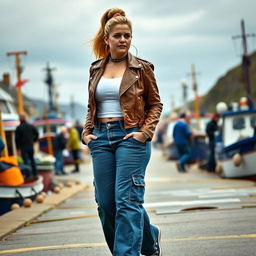 A curvy and chubby blonde 40-year-old lady with a ponytail, wearing a white crop top, brown faux leather distressed cropped biker jacket, and mid blue wash cargo pocket detail wide leg jeans