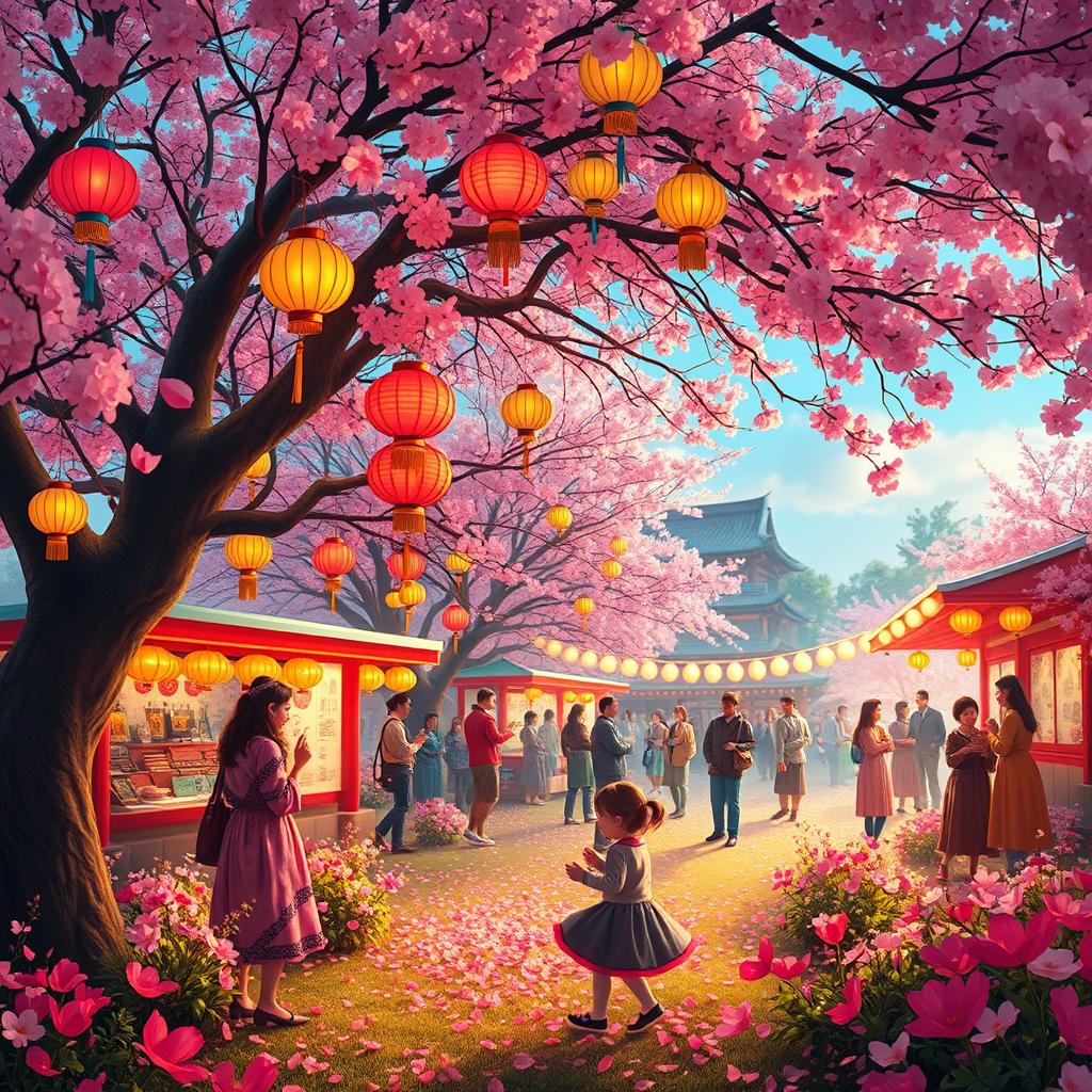 An enchanting scene depicting a lively and colorful festival set in a beautiful garden filled with blossoming flowers