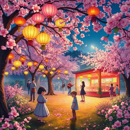 An enchanting scene depicting a lively and colorful festival set in a beautiful garden filled with blossoming flowers