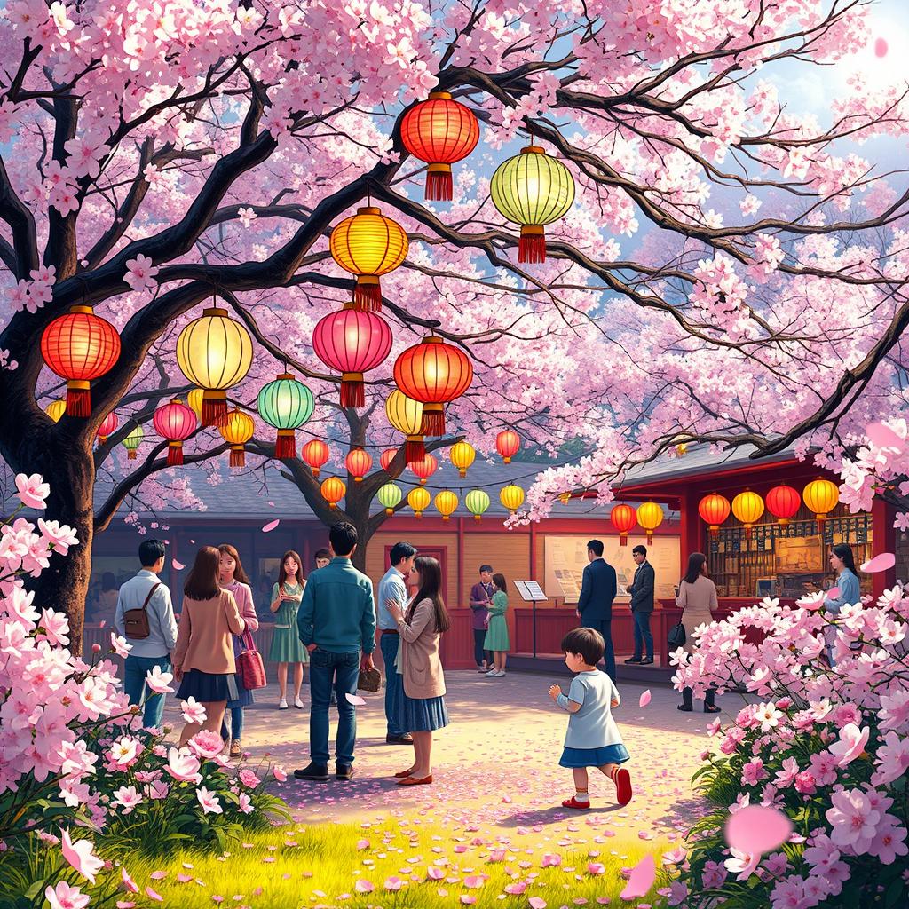 An enchanting scene depicting a lively and colorful festival set in a beautiful garden filled with blossoming flowers