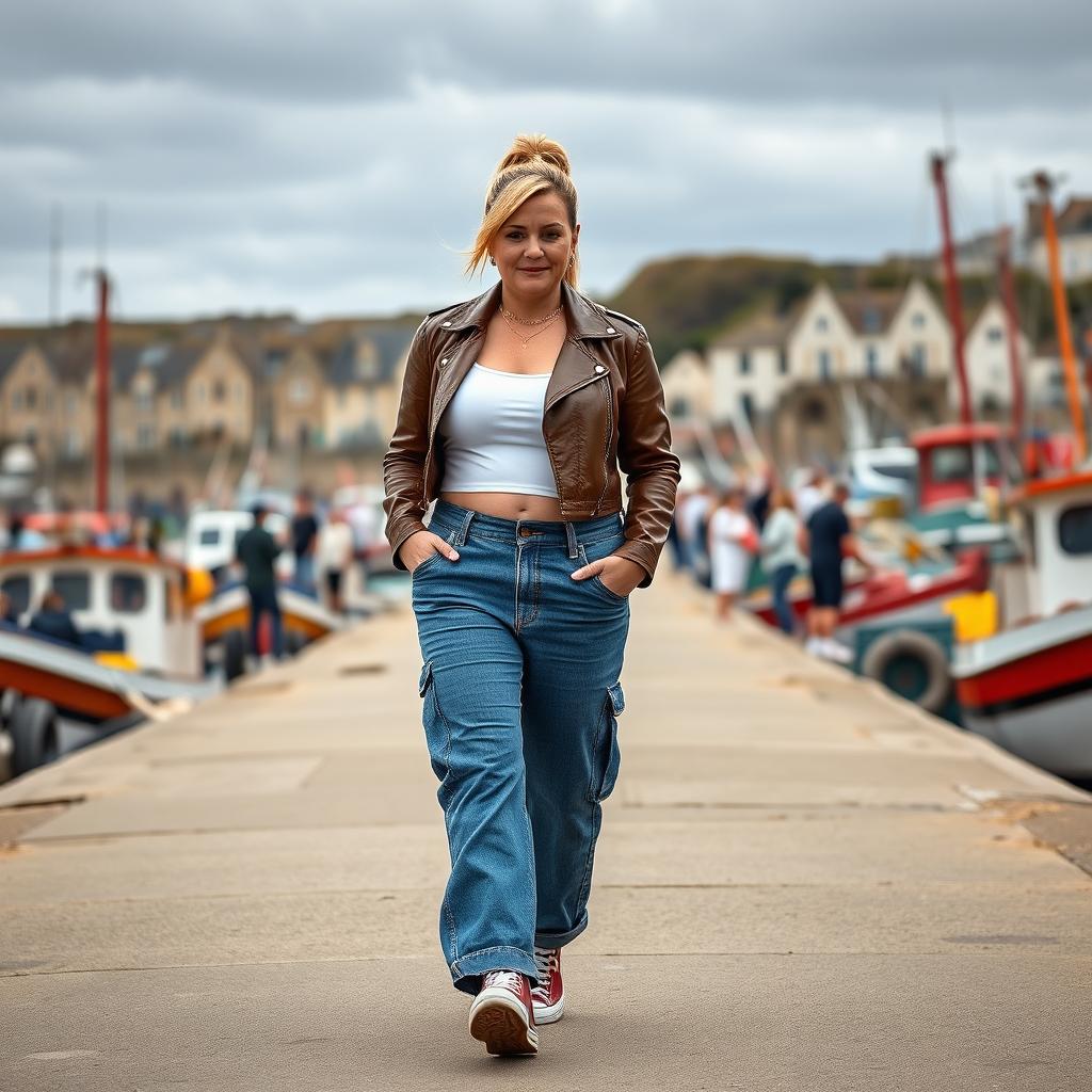 A curvy and chubby blonde 40-year-old lady with a ponytail, wearing a white crop top, brown faux leather distressed cropped biker jacket, and mid blue wash cargo pocket detail wide leg jeans