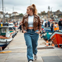 A curvy and chubby blonde 40-year-old lady with a ponytail, wearing a white crop top, brown faux leather distressed cropped biker jacket, and mid blue wash cargo pocket detail wide leg jeans