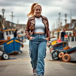 A curvy and chubby blonde 40-year-old lady with a ponytail, wearing a white crop top, brown faux leather distressed cropped biker jacket, and mid blue wash cargo pocket detail wide leg jeans