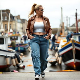 A curvy and chubby blonde 40-year-old lady with a ponytail, wearing a white crop top, brown faux leather distressed cropped biker jacket, and mid blue wash cargo pocket detail wide leg jeans