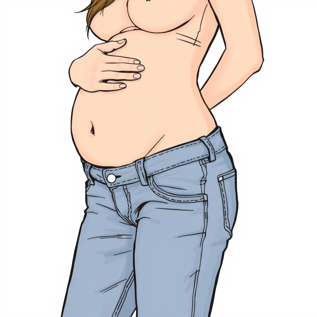 Beautiful pregnant woman with bare belly wearing jeans, illustrated in a drawing style.