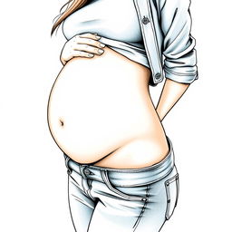 Beautiful pregnant woman with bare belly wearing jeans, illustrated in a drawing style.