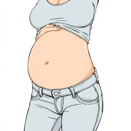 Beautiful pregnant woman with bare belly wearing jeans, illustrated in a drawing style.