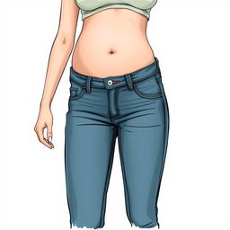 Beautiful pregnant woman with bare belly wearing jeans, illustrated in a drawing style.