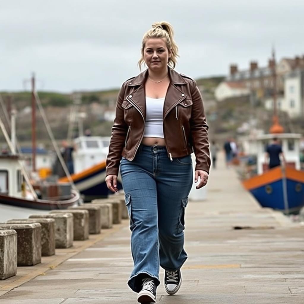 A curvy and chubby blonde 40-year-old woman with her hair in a ponytail, dressed in a white crop top and a brown faux leather distressed cropped biker jacket