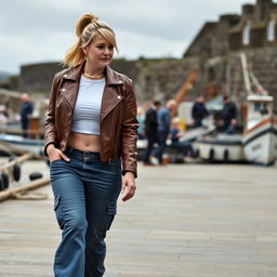 A curvy and chubby blonde 40-year-old woman with her hair in a ponytail, dressed in a white crop top and a brown faux leather distressed cropped biker jacket