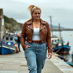 A curvy and chubby blonde 40-year-old woman with her hair in a ponytail, dressed in a white crop top and a brown faux leather distressed cropped biker jacket