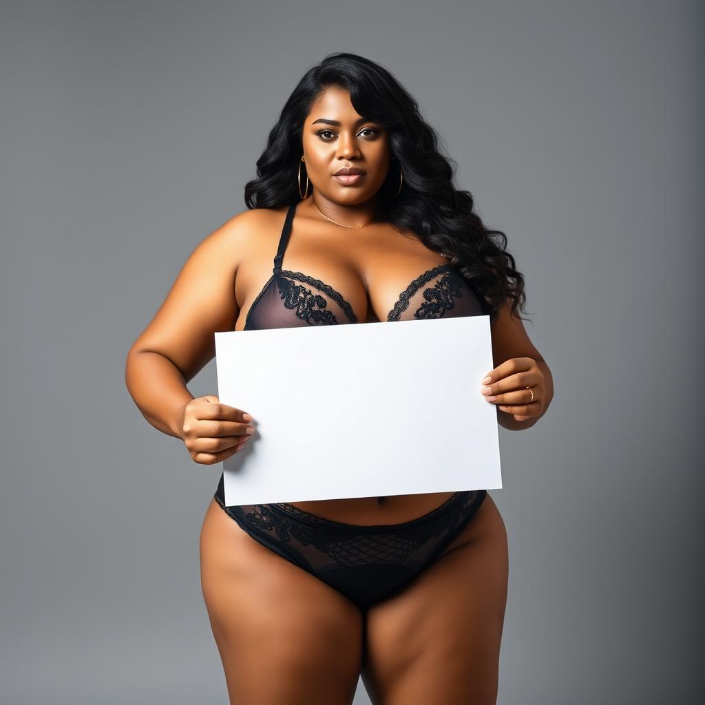 A 30-year-old curvy woman with extremely large breasts wearing sensual lingerie, holding a white blank sign