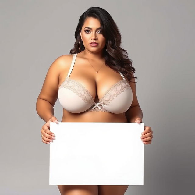 A 30-year-old curvy woman with extremely large breasts wearing sensual lingerie, holding a white blank sign