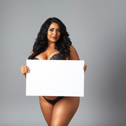 A 30-year-old curvy woman with extremely large breasts wearing sensual lingerie, holding a white blank sign