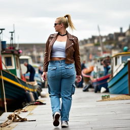 A confident curvy and chubby 40-year-old blonde lady with her hair in a ponytail, dressed in a white crop top and a brown faux leather distressed cropped biker jacket, paired with mid blue wash cargo pocket detail wide leg jeans