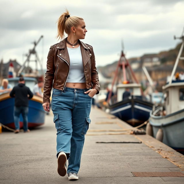 A confident curvy and chubby 40-year-old blonde lady with her hair in a ponytail, dressed in a white crop top and a brown faux leather distressed cropped biker jacket, paired with mid blue wash cargo pocket detail wide leg jeans